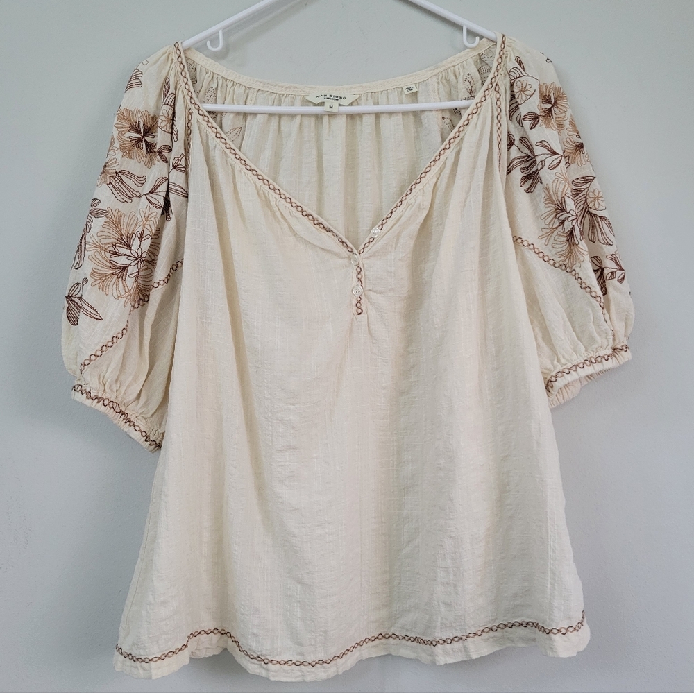 Max Studio Embroidered Balloon Sleeve Women's Size M Top Boho Peasant